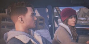 Videospielgrafik zweier junger Menschen in einem Auto