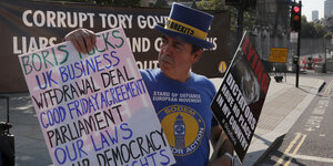 Demonstrant mit Plakat gegen Johnsons Regierung