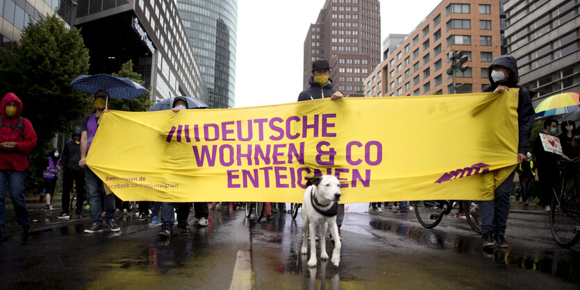 Eine Mieter-Demo fordert Enteignungen bei Regenwetter, ein Hund läuft auch mit