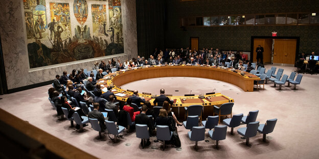 Blick auf eine Sitzung des Sicherheitsrates der Vereinten Nationen (UN)