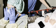 Eine Frau vom Krankenhauspersonal setzt sich mit blauen Handschuchen eine Schutzbrille auf. Neben ihr ist ein Bild von einem Patienten auf einer Liege montiert. Die Montage lässt es so wirken, als kehre die Person dem Patienten gestresst den Rücken