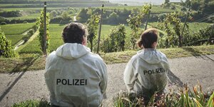 Die beiden Tatort-Kommissare schauen auf eine Weinberglandschaft