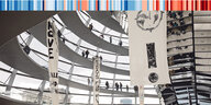 Menschen lassen im inneren der Reichstagskuppel Banner von den Geländern hängen.