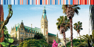 Blumen und Palmen wachsen vor dem Hamburger Rathaus