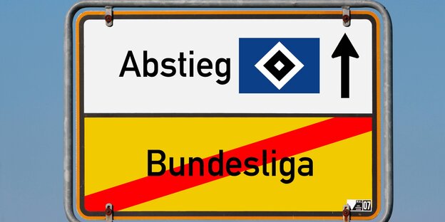 Vermeintliches Ortsausgangschild: Das Wort "Bundesliga" ist durchgestrichen, das Wort "Abstieg" hat einen nach oben zeigenden Pfeil