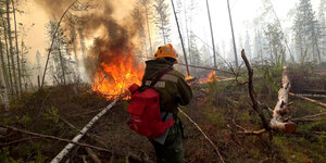 Ein Feuerwehrmann versucht einen Waldbrand zu löschen