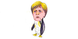 Illu: Angela Merkels Kopf ist auf einen Pinguinkörper montiert