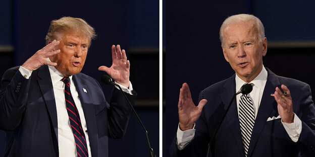 Bildkombination von einem Foto von Donald TRump und einem Foto von Joe Biden, beide reden