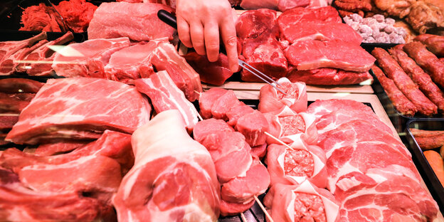 Verschiedene Sorten Schweinefleisch (vorne) und Rindfleisch liegen in einer fleischtheke in einem Supermarkt