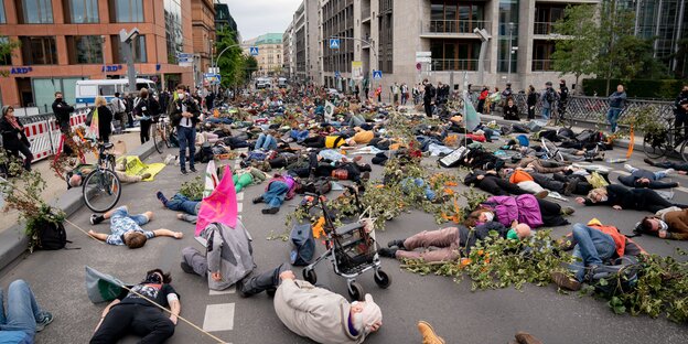 Aktivisten von Extinction Rebellion liegen im Rahmen des «Trauerzugs der toten Bäume» auf der Marschallbrücke im Regierungsviertel in Berlin