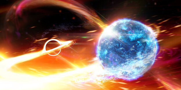 Künstlerische Darstellung eines Schwarzen Lochs, das einen Neutronenstern verschlingt.