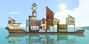 Screenshot aus dem Game "Spiritfarer" eines Holz-Schiffes, auf dem einzelne Häuser stehen