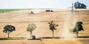 Mäddrescher ernten auf einem großen Getreidefeld