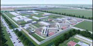 Planungsbild einer Gefängnisanlage mit Gebäuden und Sportplätzen
