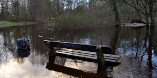 Eine Parkbank in einem winterlichen Überschwemmungsgebiet