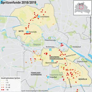 Karte Berlins, auf der Spritzenfunde dokumentiert sind
