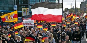 Demonstranten tragen Reichsflaggen und deutsche Flaggen.