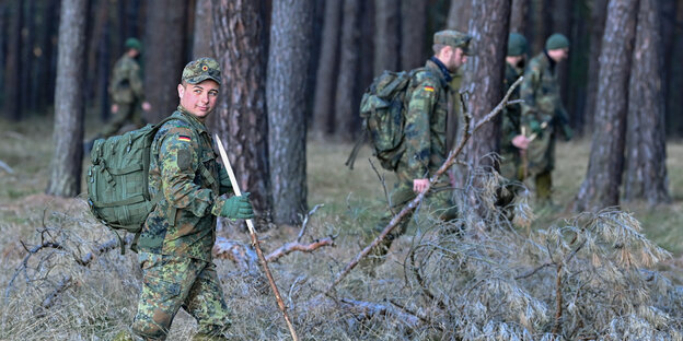 Soldaten im Wald auf der Suche nach Wildschweinkadavern