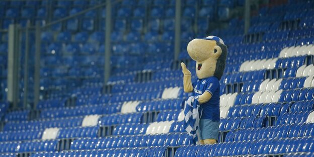 Das Maskottchen von Schalke 04, ein Wesen zwischen Mensch und Tier, auf der lleren Tribüne der Schalke-Arena
