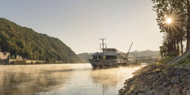 Auf der Donau fährt ein Ausflugsboot im Morgennebel. Die Sonne scheint durch die Bäume.