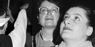 Nahaufnahme der Gesichter von zwei Frauen, eine blickt in den Himmel in der Nacht, im Hintergrund hebt jemand den Arm zum Deutschen Gruß