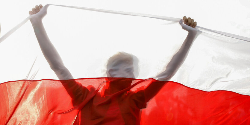 Ein Demonstrant steht hinter einer rot-weissen Flagge und hebt diese mit beiden Armen in die Luft. Die Flagge ist halb transparent und man sieht den Protestierenden.