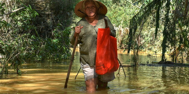 Eine Frau mit Stock, Bambushut und einer roten Tasche läuft durch Kniehohes Wasser. Hinter ihr dschungelartige Vegetation.