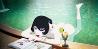 Eine animierte nackte Frau mit zwei Gesichtern liest am Rand eines Pools.