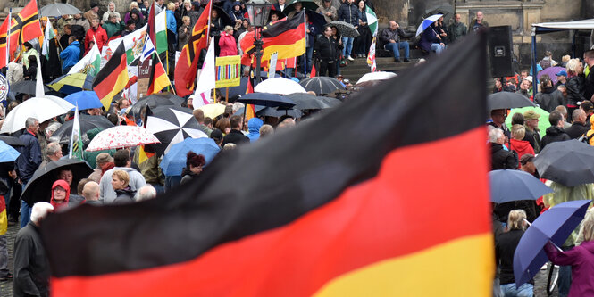 Pegida-Demonstranten mit Fahnen.