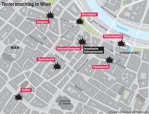 Eine Karte zeigt die Anschlagsorte in Wien