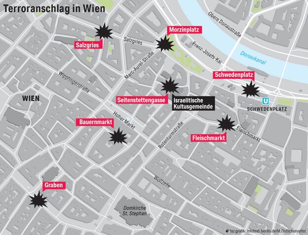Eine Karte zeigt die Anschlagsorte in Wien