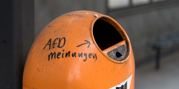 Auf einem Mülleimer steht neben dem Einwurf mit einem Edding geschrieben: AfD Meinungen