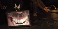 Auf einem Bildschirm sieht man groß Zähne unter einem Schnauzer, dahinter eine Pappkatze