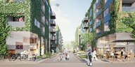 Hochhäuser aus Holz mit Grün bewachsen in einem urbanen Kiez voller Menschen - eine Simulation des Schumacher Quartiers, dass in Tegel entstehen soll