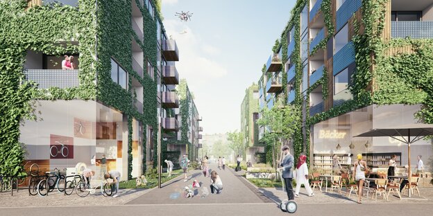 Hochhäuser aus Holz mit Grün bewachsen in einem urbanen Kiez voller Menschen - eine Simulation des Schumacher Quartiers, dass in Tegel entstehen soll