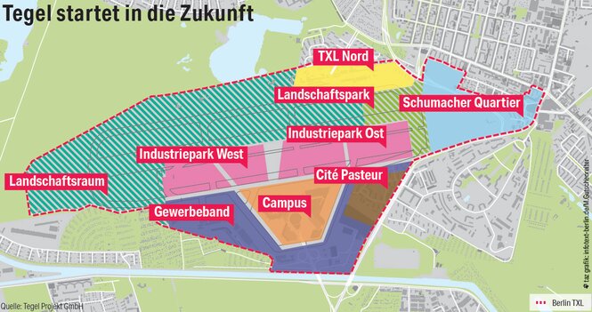 Eine Grafik der unterschiedlichen Bauvorhaben auf dem Flughafen Tegel, der am 8.11. endgültig schließt