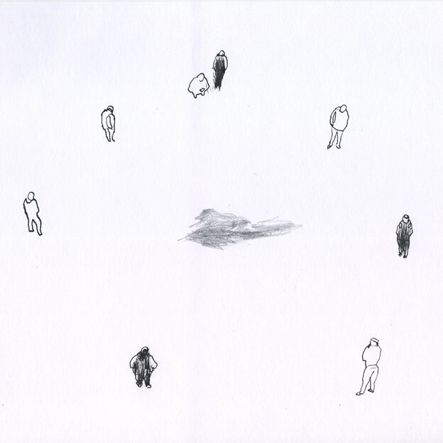 S/W-Zeichnung mit kleinen Figuren um kleinen schwarzen Fleck in der Mitte