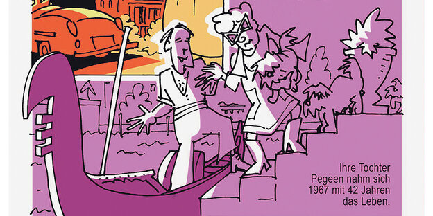 Peggy Guggenheim geht von ihren Hunden begleitet eine Treppe hinunter zum Kanal, um in eine Gondel zu steigen. Der Golndoliere stützt sie dabei ab Peggy Guggenheim geht von ihren Hunden begleitet eine Treppe hinunter zum Kanal, um in eine Gondel zu steigen. Der Golndoliere stützt sie dabei ab