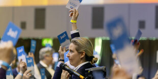 AFD halten Stimmzettel während eines Parteitags in die Höhe.