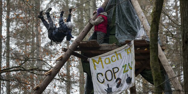 Aktivist*innen haben Hochseile gespannt, um sich zwischen den Baumhäusern zu bewegen