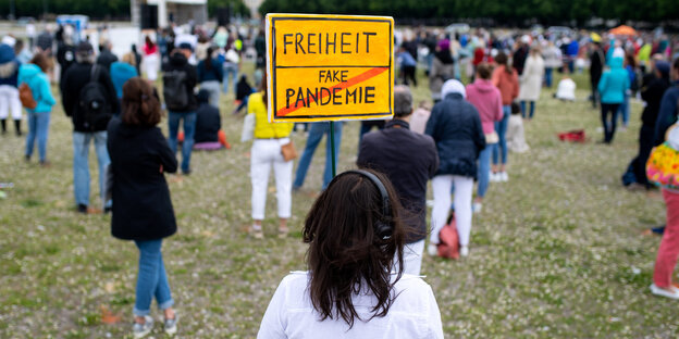 Demonstrantin mit einem Schild mit der Aufschrift "Freiheit / Fake Pandemie"
