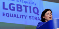 Vizekommissionschefin Věra Jourová bei der LGBTIQ-Strategie am Donnerstag in Brüssel