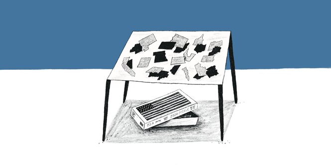 Illustration: Auf einem Tisch liegen die Umrisse von mehreren US-Bundesstaaten. Sie werfen Schatten auf den Tisch. Unter dem Tisch liegt ein geöffneter Karton eines Puzzles, auf dem Steht „USA 2020“.