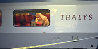 Ein Zug, hinterm Fenster ein Mensch in einem weißen Overall