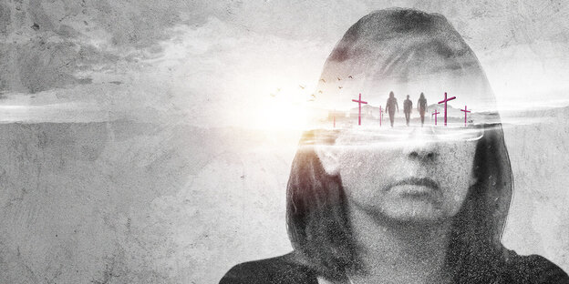 Trailerbild der Netflix-Produktion: Portrit von Marisela Escobedo - Auf der Höhe ihrer Augen sind die Umrisse von drei Personen und mehrere Kreuze zu sehen.