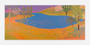 Ein Ölgemälde des Künsters John McAllister, das in bunten Farben einen See und Bäume zeigt
