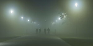 Spaziergänger im Nebel, Straßenlaternen