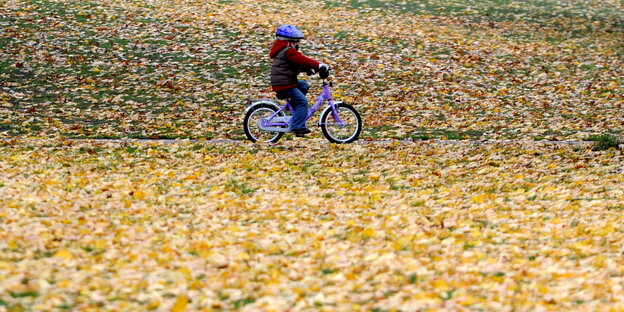 Ein Kind fährt auf dem Fahrrad durch Herbstlaub