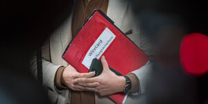 Ein Mann hält einen roten Ordner im Arm, auf dem die Aufschrift "Wirecard Untersuchungsausschuss" zu lesen ist
