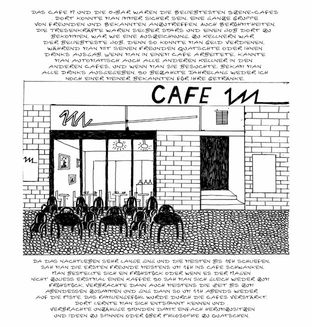 Danielle hat das legendäre Café M gezeichnet und erklärt, wer die Besucher*innen waren Danielle hat das legendäre Café M gezeichnet und erklärt, wer die Besucher*innen waren